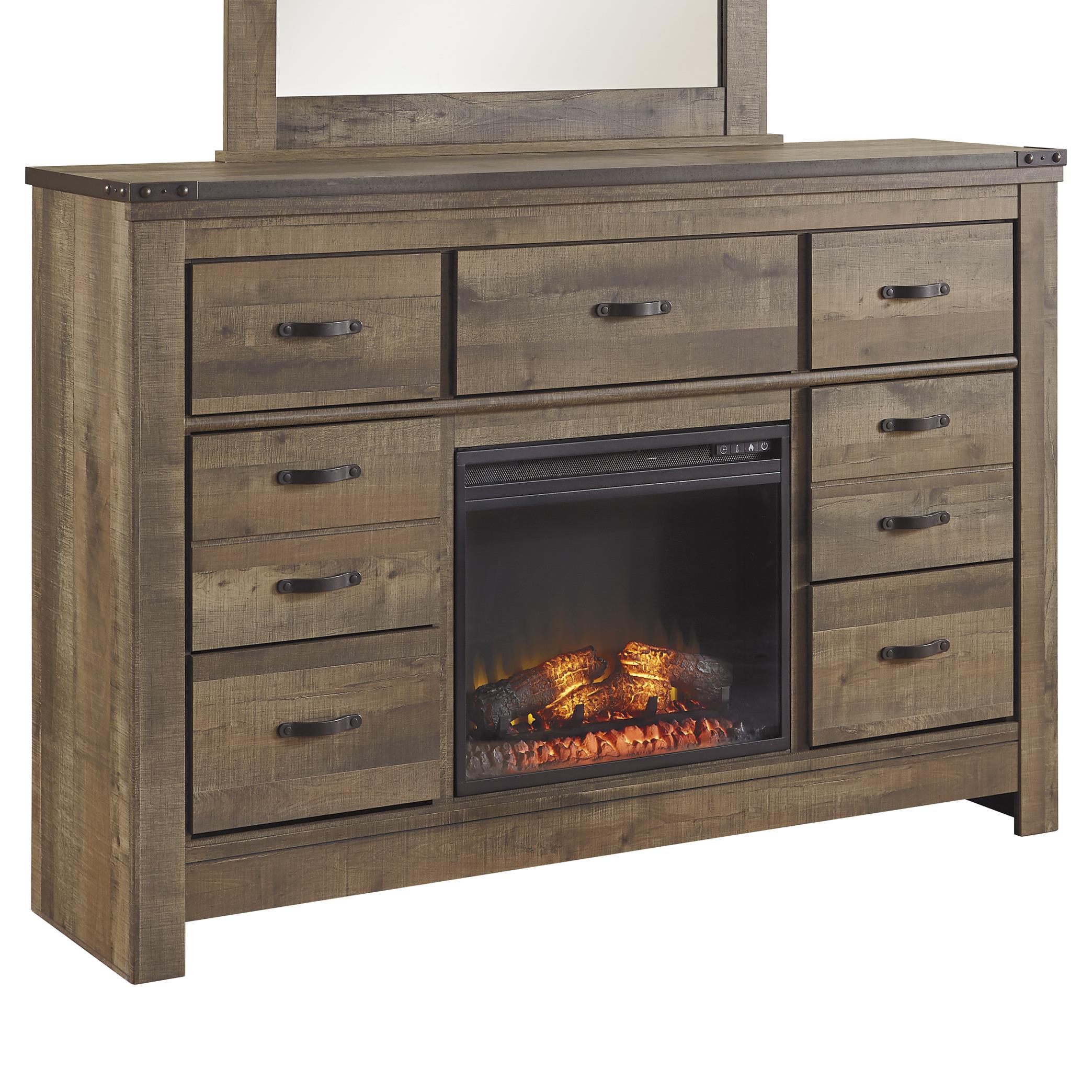 Signature Design by Ashley Trinell Rustic Look Dresser with Fireplace